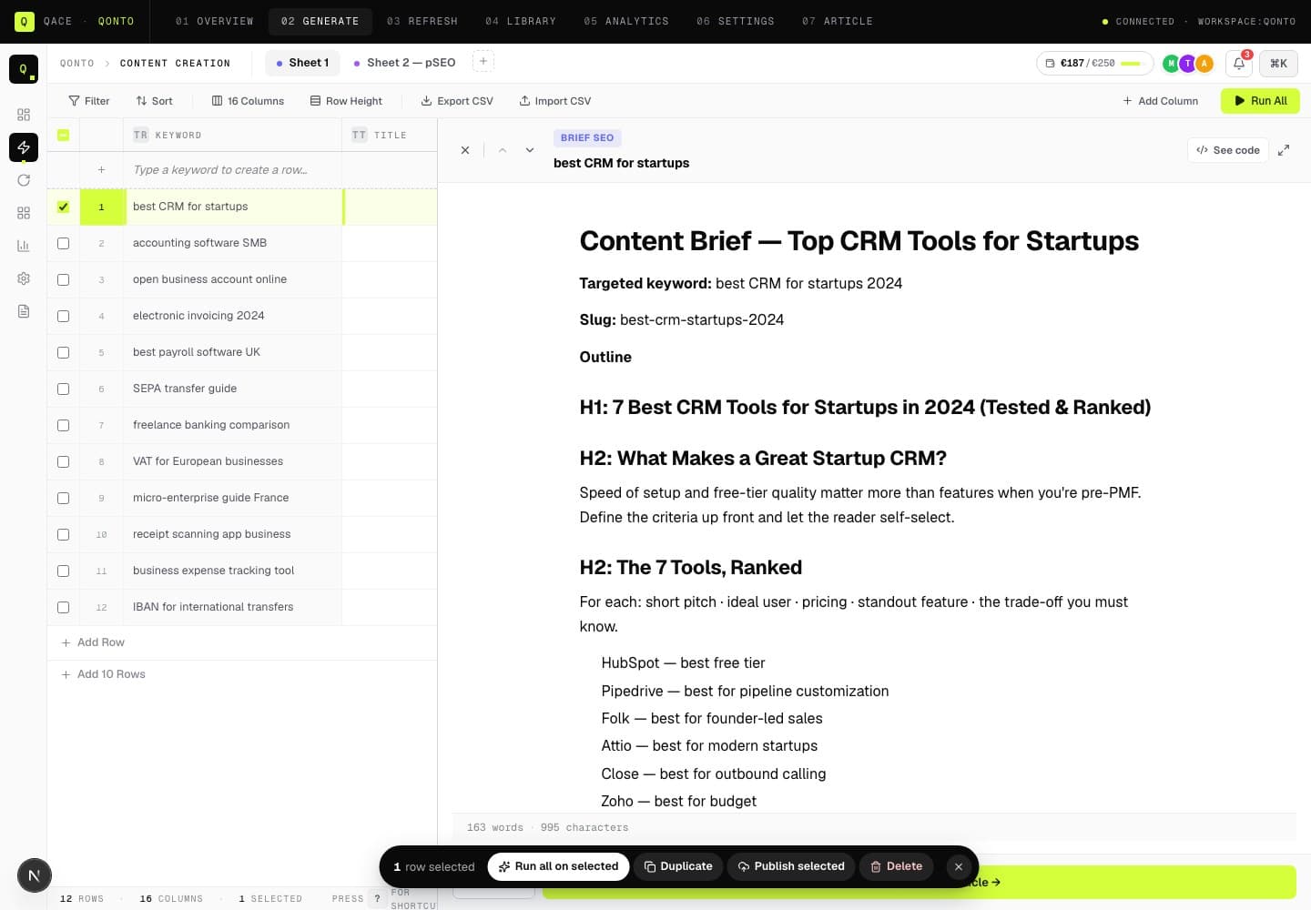 QACE Generate screen showing a content brief in the side panel next to the spreadsheet workflow.
